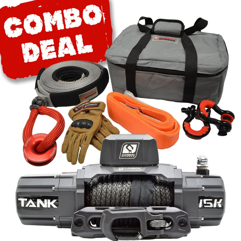 Load image into Gallery viewer, Carbon Tank 15000lb 4x4 Winch Kit IP68 12V and Recovery Combo Deal - CW-TK15-COMBO2 1
